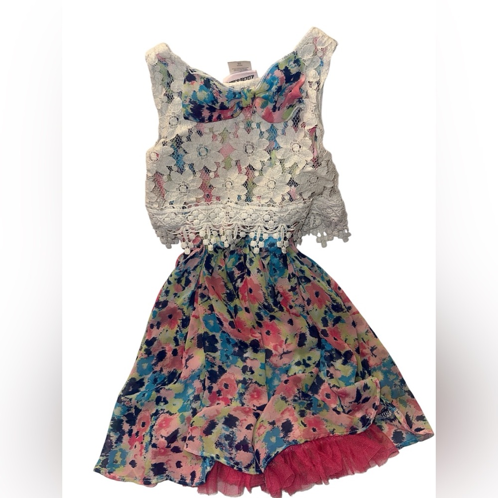 Girls Little Lass Cream Lace Top Dress with Multicolor Floral Skirt size 6 - Picture 3 of 4